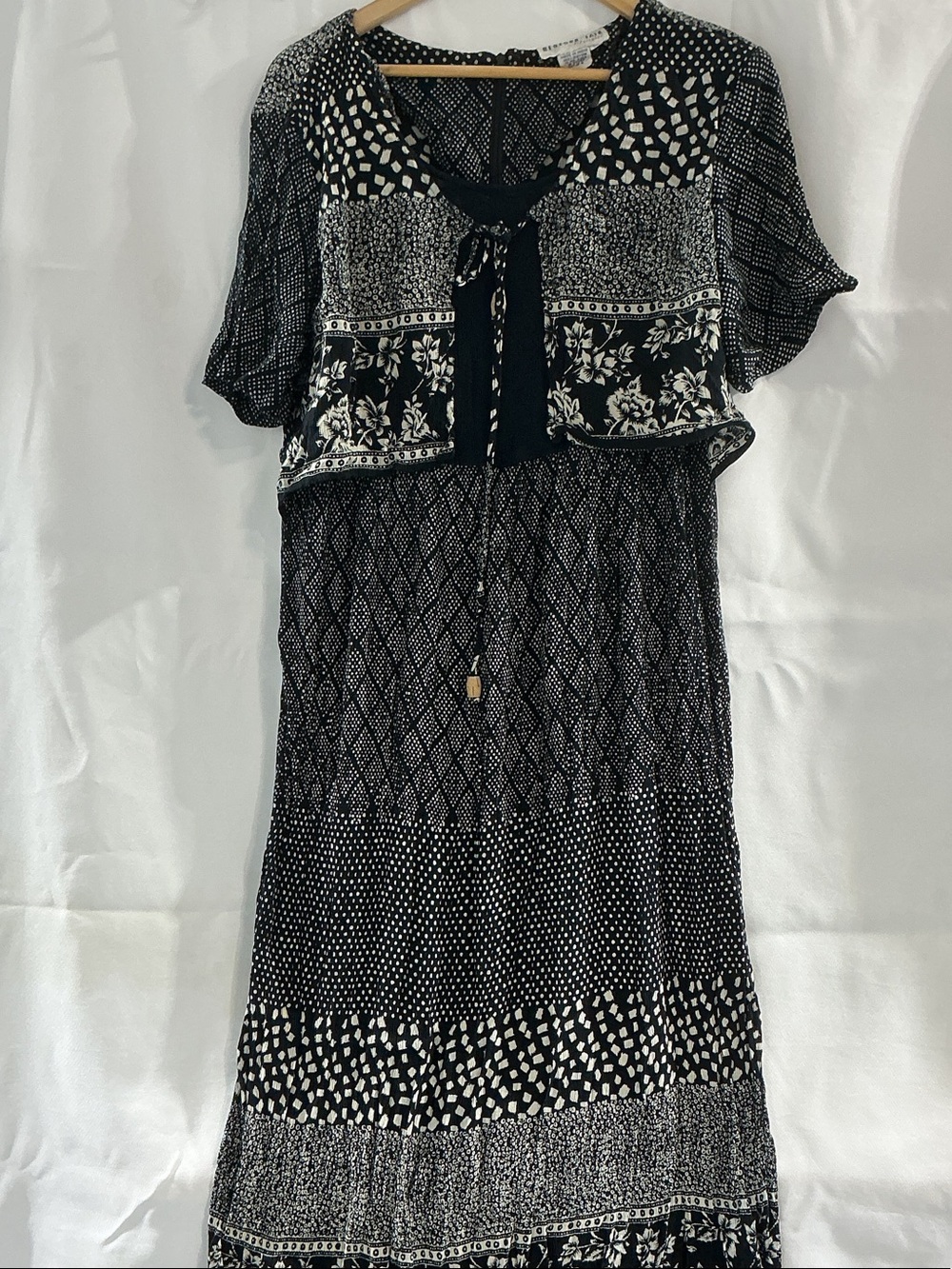 Black & White Mixed-Print Maxi Dress with Tie Detail
